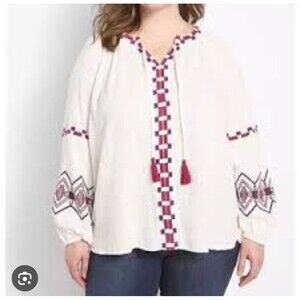 Lane Bryant Blouse Womens 18 Embroidered Boho Peasant Top Long Sleeve Tassel